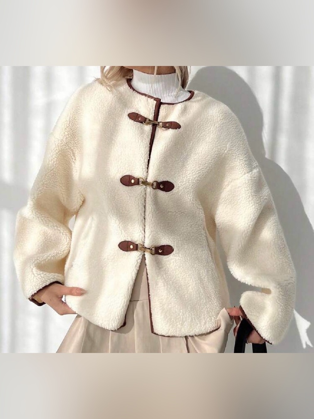 SHEIN Cream Faux Shearling Toggle Coat with Brown Trim